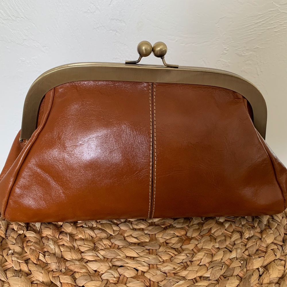 Patricia Nash Brown Leather Clutch, Kiss Lock, No Strap